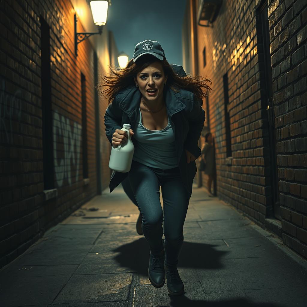 An intense and dramatic scene depicting a woman in a state of fear and urgency, sprinting away from a shadowy figure representing a serial killer