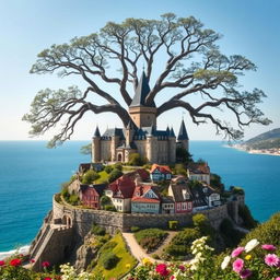 A majestic castle sitting atop a hill, with a large, ancient tree looming behind it, its branches stretching out wide