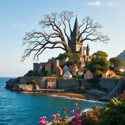 A majestic castle sitting atop a hill, with a large, ancient tree looming behind it, its branches stretching out wide