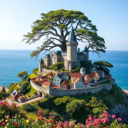 A majestic castle sitting atop a hill, with a large, ancient tree looming behind it, its branches stretching out wide