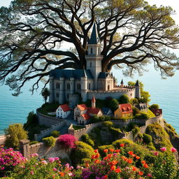 A majestic castle sitting atop a hill, with a large, ancient tree looming behind it, its branches stretching out wide