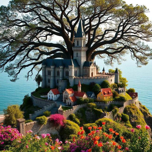 A majestic castle sitting atop a hill, with a large, ancient tree looming behind it, its branches stretching out wide