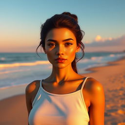 A stunning 3D model of a 20-year-old woman with notable features, standing confidently on a beautiful beach during sunset