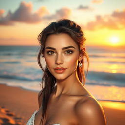 A stunning 3D model of a 20-year-old woman with notable features, standing confidently on a beautiful beach during sunset