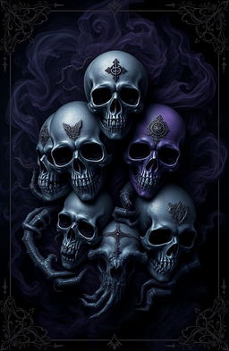 A captivating cover design featuring artistic interpretations of dark skulls, intricately detailed with a gothic aesthetic