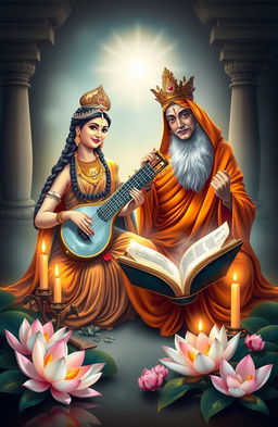 A beautiful cover design for a Sanskrit learning book featuring Goddess Saraswati, the goddess of knowledge and music, gracefully playing her veena