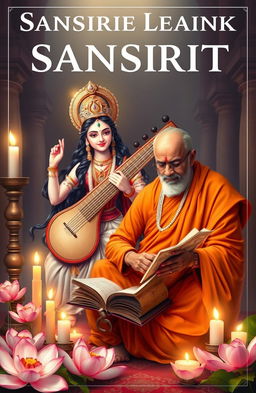 A beautiful cover design for a Sanskrit learning book featuring Goddess Saraswati, the goddess of knowledge and music, gracefully playing her veena