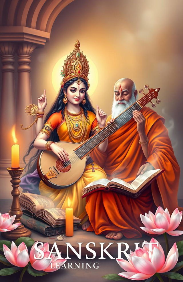 A beautiful cover design for a Sanskrit learning book featuring Goddess Saraswati, the goddess of knowledge and music, gracefully playing her veena