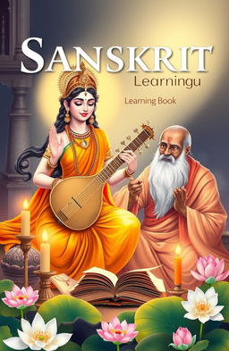 A beautiful cover design for a Sanskrit learning book featuring Goddess Saraswati, the goddess of knowledge and music, gracefully playing her veena