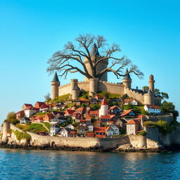 A grand castle stands majestically, with a large, ancient tree looming behind it, its branches spreading wide