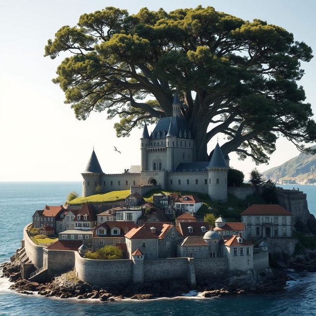 A grand castle stands majestically, with a large, ancient tree looming behind it, its branches spreading wide