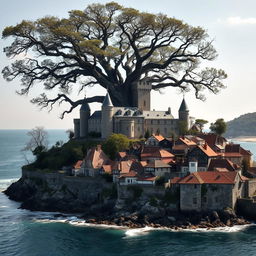A grand castle stands majestically, with a large, ancient tree looming behind it, its branches spreading wide