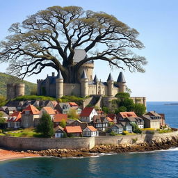 A grand castle stands majestically, with a large, ancient tree looming behind it, its branches spreading wide