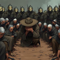 A full-body illustration of an elderly man, his face concealed beneath the brim of a wide-brimmed hat, desperately trying to hide his tears as he kneels in a muddy ditch