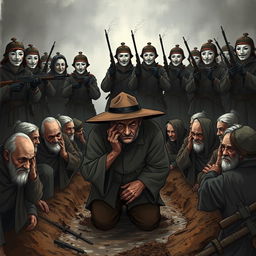 A full-body illustration of an elderly man, his face concealed beneath the brim of a wide-brimmed hat, desperately trying to hide his tears as he kneels in a muddy ditch