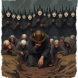 A full-body illustration of an elderly man, his face partially hidden beneath the brim of his hat, desperately trying to hide his tears as he kneels in a muddy ditch