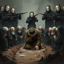 A full-body illustration of an elderly man, his face partially hidden beneath the brim of his hat, desperately trying to hide his tears as he kneels in a muddy ditch