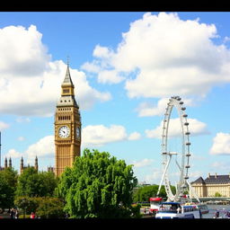 A scenic view of London's iconic Big Ben and the London Eye, capturing the vibrant atmosphere of the city