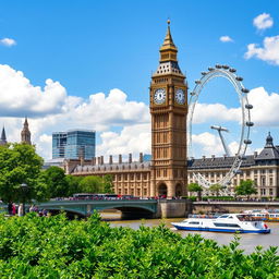 A scenic view of London's iconic Big Ben and the London Eye, capturing the vibrant atmosphere of the city