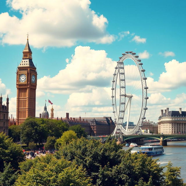 A scenic view of London's iconic Big Ben and the London Eye, capturing the vibrant atmosphere of the city