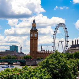 A scenic view of London's iconic Big Ben and the London Eye, capturing the vibrant atmosphere of the city