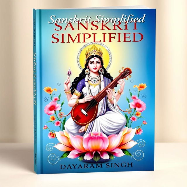 A beautiful book cover for 'Sanskrit Simplified: A Contemporary Approach for Absolute Beginners' by Dayaram Singh, featuring the image of Goddess Saraswati