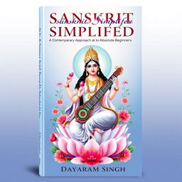 A beautiful book cover for 'Sanskrit Simplified: A Contemporary Approach for Absolute Beginners' by Dayaram Singh, featuring the image of Goddess Saraswati