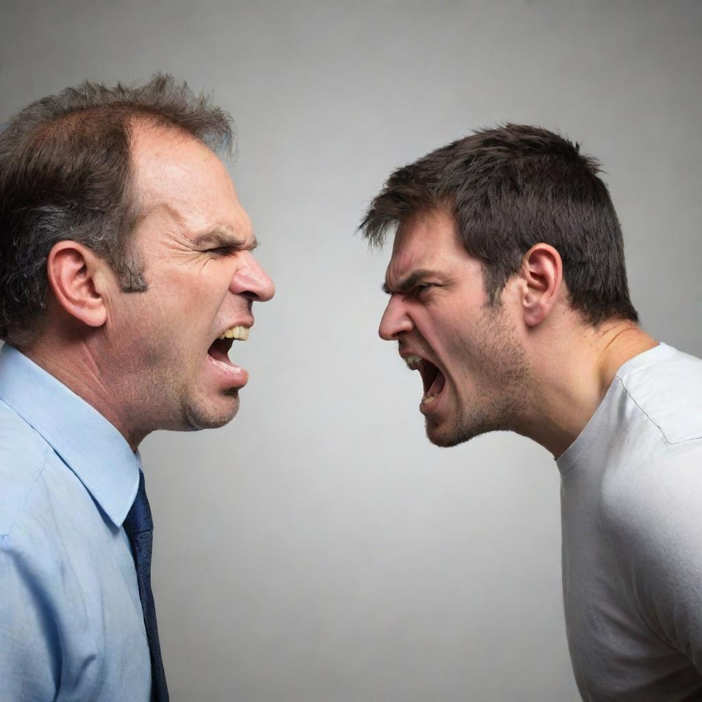 Generate an image of a kind person interacting with an angry individual. Their contrasting emotions should be well represented in their expressions and body language.