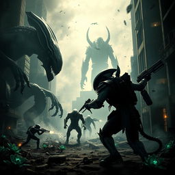 An intense and thrilling scene showing an epic battle between towering alien creatures and powerful humanoid predators in an abandoned futuristic city