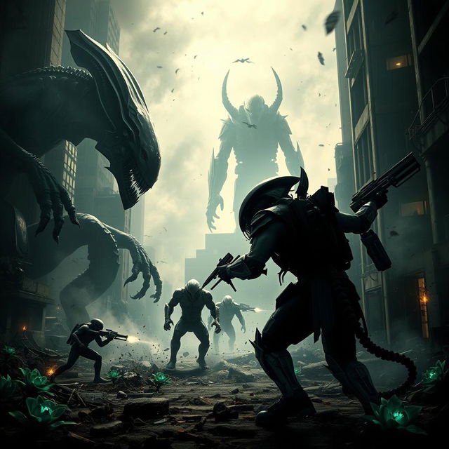 An intense and thrilling scene showing an epic battle between towering alien creatures and powerful humanoid predators in an abandoned futuristic city