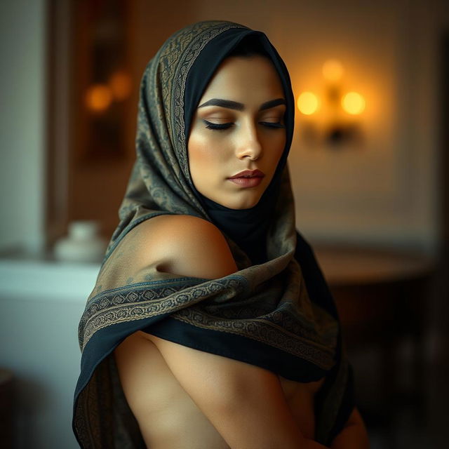 A graceful artistic representation of a woman wearing a hijab in an elegant pose, showcasing the intricate fabrics and patterns of the hijab draping over her shoulders, while maintaining a tasteful and artistic nude aesthetic that respects the beauty of the human form