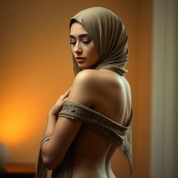 A graceful artistic representation of a woman wearing a hijab in an elegant pose, showcasing the intricate fabrics and patterns of the hijab draping over her shoulders, while maintaining a tasteful and artistic nude aesthetic that respects the beauty of the human form