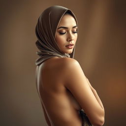 A graceful artistic representation of a woman wearing a hijab in an elegant pose, showcasing the intricate fabrics and patterns of the hijab draping over her shoulders, while maintaining a tasteful and artistic nude aesthetic that respects the beauty of the human form