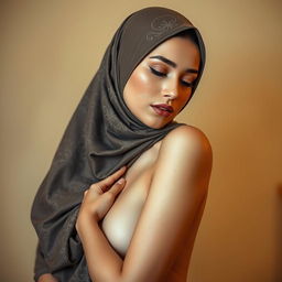 A graceful artistic representation of a woman wearing a hijab in an elegant pose, showcasing the intricate fabrics and patterns of the hijab draping over her shoulders, while maintaining a tasteful and artistic nude aesthetic that respects the beauty of the human form