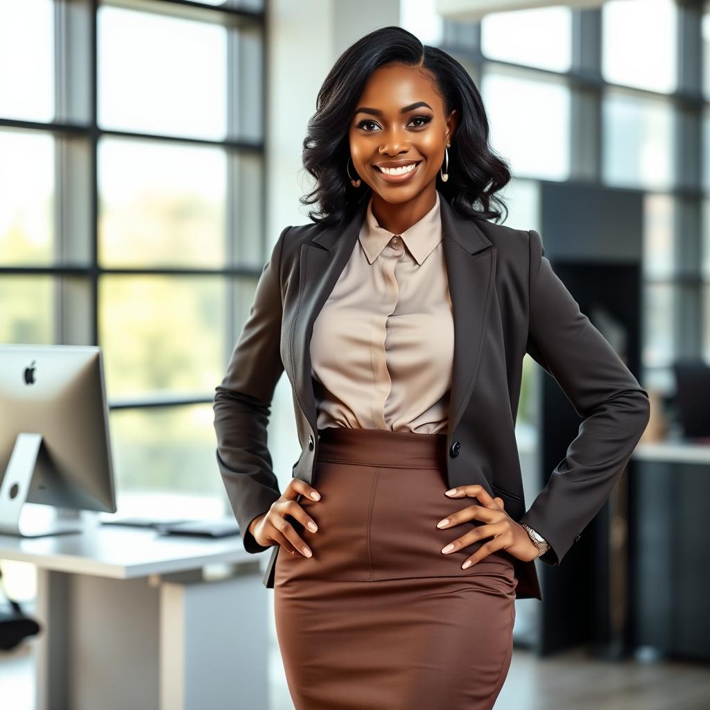 A stylish ebony woman in a modern office setting, wearing a chic office outfit that consists of a tailored blazer, fitted blouse, and elegant pencil skirt