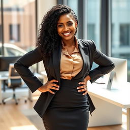 A stylish ebony woman in a modern office setting, wearing a chic office outfit that consists of a tailored blazer, fitted blouse, and elegant pencil skirt