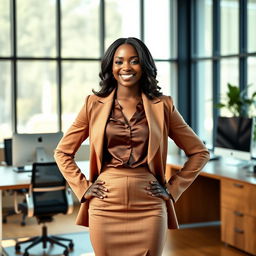 A stylish ebony woman in a modern office setting, wearing a chic office outfit that consists of a tailored blazer, fitted blouse, and elegant pencil skirt