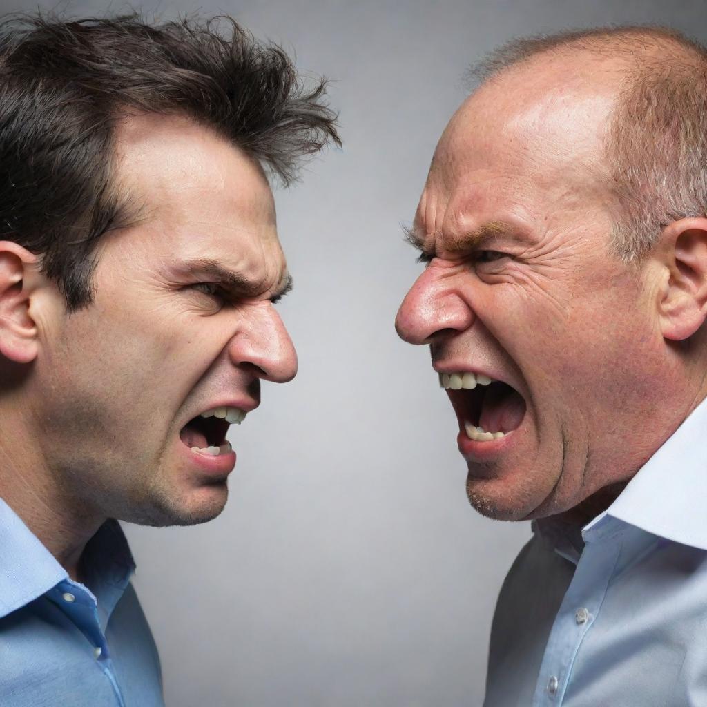 Generate an image of a kind person interacting with an angry individual. Their contrasting emotions should be well represented in their expressions and body language.