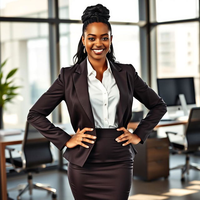 A stylish ebony woman in a modern office setting, wearing a chic office outfit that consists of a tailored blazer, fitted blouse, and elegant pencil skirt