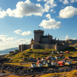 A majestic castle situated in flat coastal land, surrounded by numerous small quaint houses