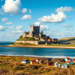 A majestic castle situated in flat coastal land, surrounded by numerous small quaint houses