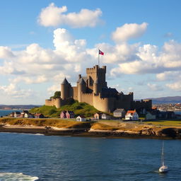 A majestic castle situated in flat coastal land, surrounded by numerous small quaint houses