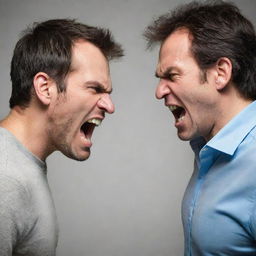 Generate an image of a kind person interacting with an angry individual. Their contrasting emotions should be well represented in their expressions and body language.