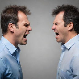 Generate an image of a kind person interacting with an angry individual. Their contrasting emotions should be well represented in their expressions and body language.