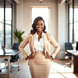 A confident ebony woman in a contemporary office environment, dressed in a fashionable office outfit that features a tailored blazer, a crisp white blouse, and a fitted pencil skirt