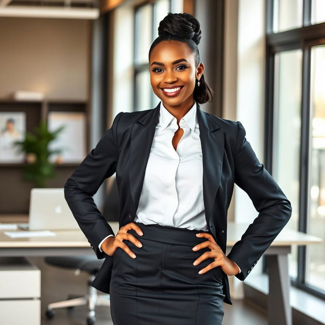 A confident ebony woman in a contemporary office environment, dressed in a fashionable office outfit that features a tailored blazer, a crisp white blouse, and a fitted pencil skirt