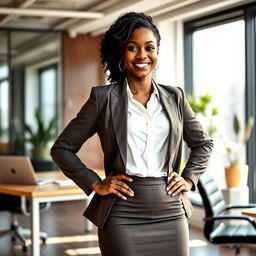 A confident ebony woman in a contemporary office environment, dressed in a fashionable office outfit that features a tailored blazer, a crisp white blouse, and a fitted pencil skirt