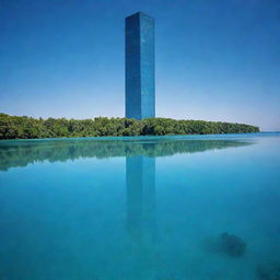 A towering skyscraper gradually sinking into a vast body of transparent blue water, showcasing a surreal blend of architecture and nature.