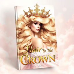 An elegant book cover design featuring a regal and glamorous woman with flowing, voluminous hair that resembles a magnificent crown, incorporating elements of royalty and beauty