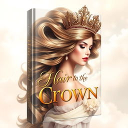 An elegant book cover design featuring a regal and glamorous woman with flowing, voluminous hair that resembles a magnificent crown, incorporating elements of royalty and beauty